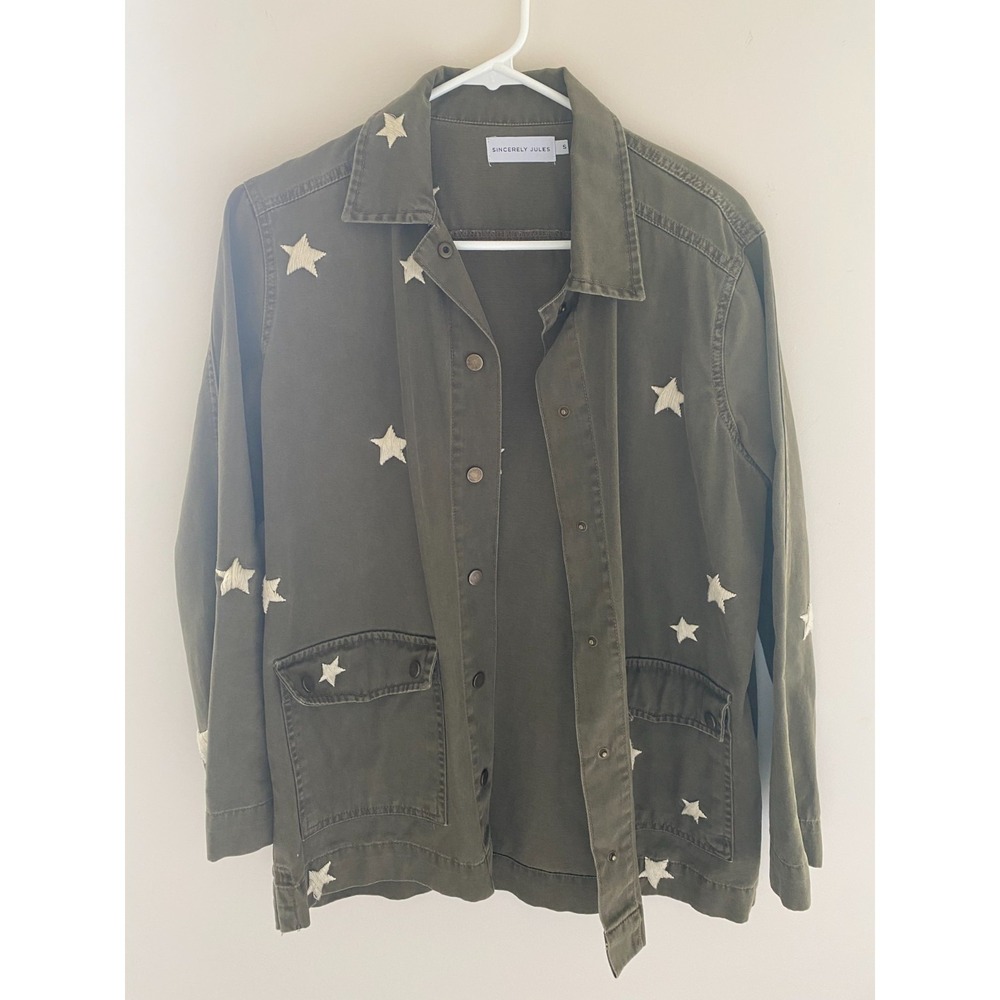 Sincerely Jules Womens Utility Jacket Olive Green Star Embroidered Military